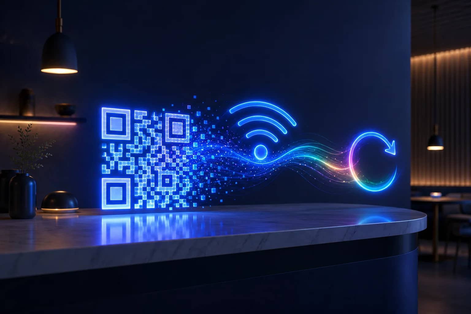 Dinamik bir QR kodun renkli veri akışlarına ve analiz çubuklarına çözündüğü kavramsal görsel