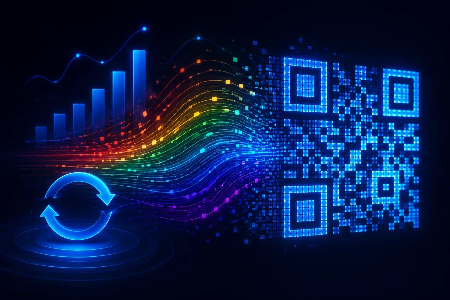 Dinamik bir QR kodun renkli veri akışlarına ve analiz çubuklarına çözündüğü kavramsal görsel