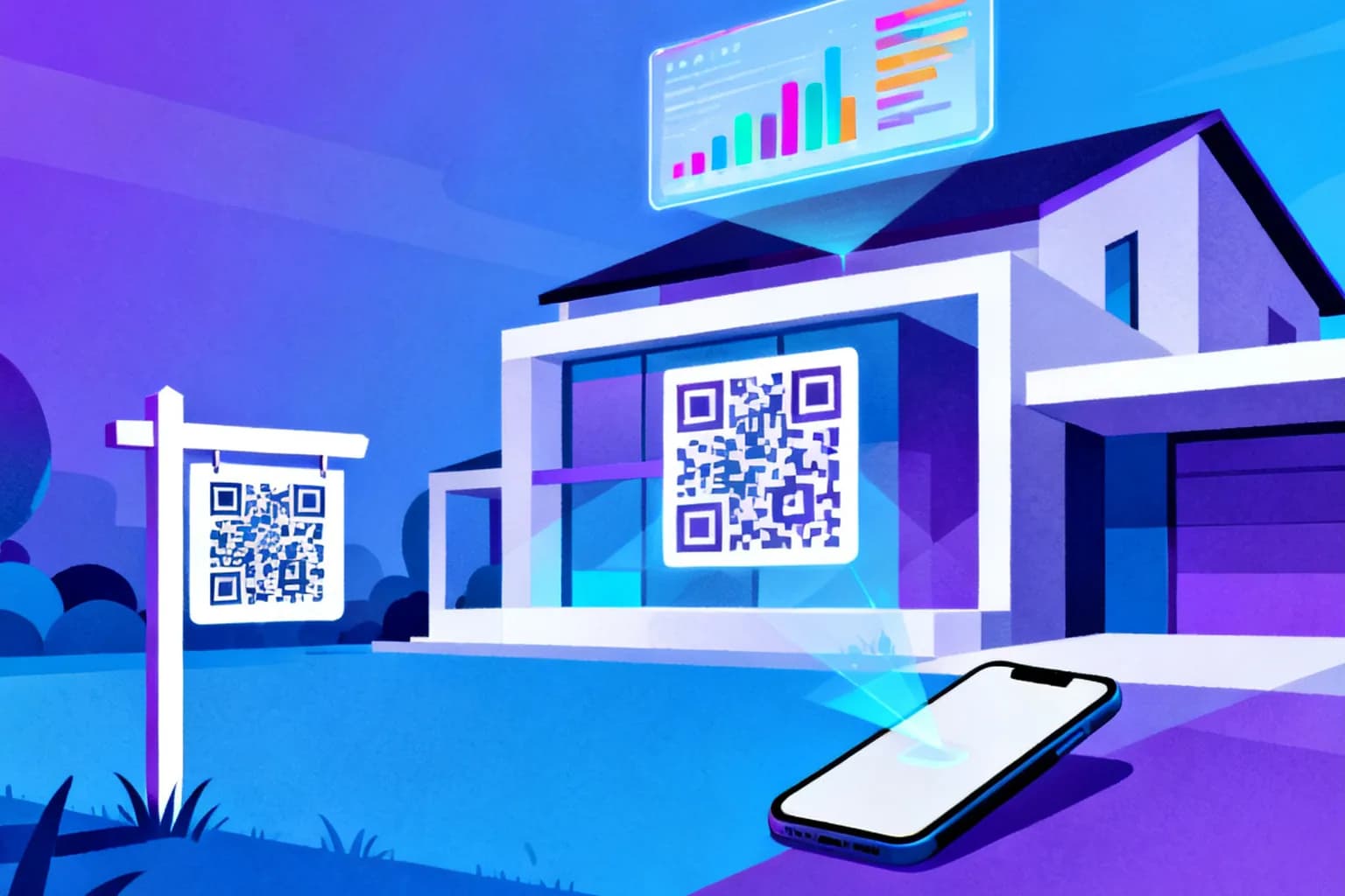 Illustration d’un panneau à vendre avec QR code devant une maison moderne, un smartphone qui le scanne et un panneau de statistiques flottant