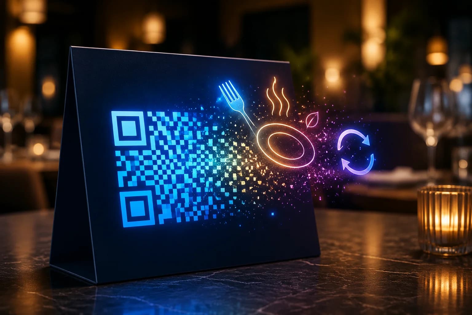 Conceptual illustration of a dynamic QR code dissolving into rainbow data streams and analytics bars