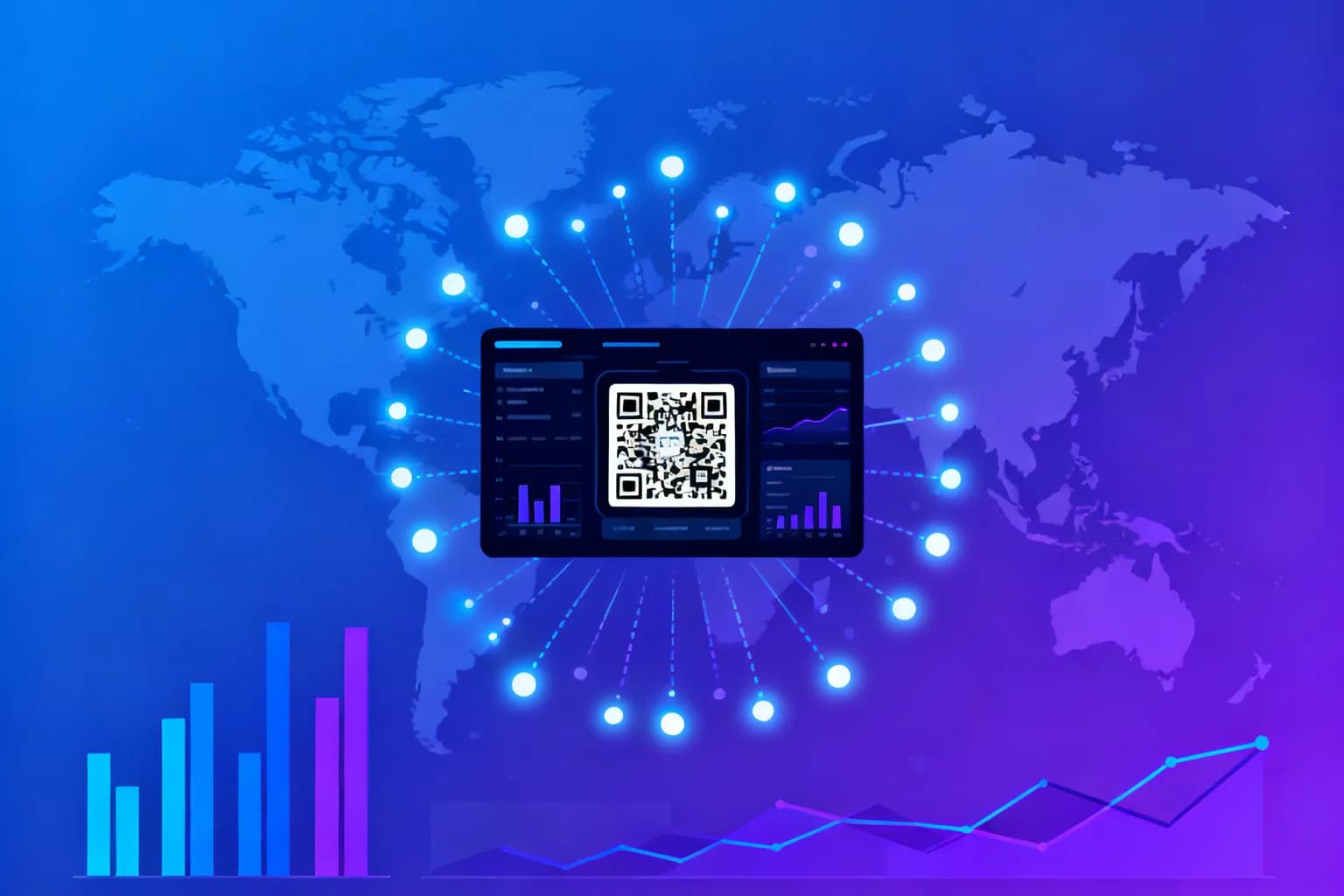 QR code at the center of an analytics dashboard with scan events spread across a world map