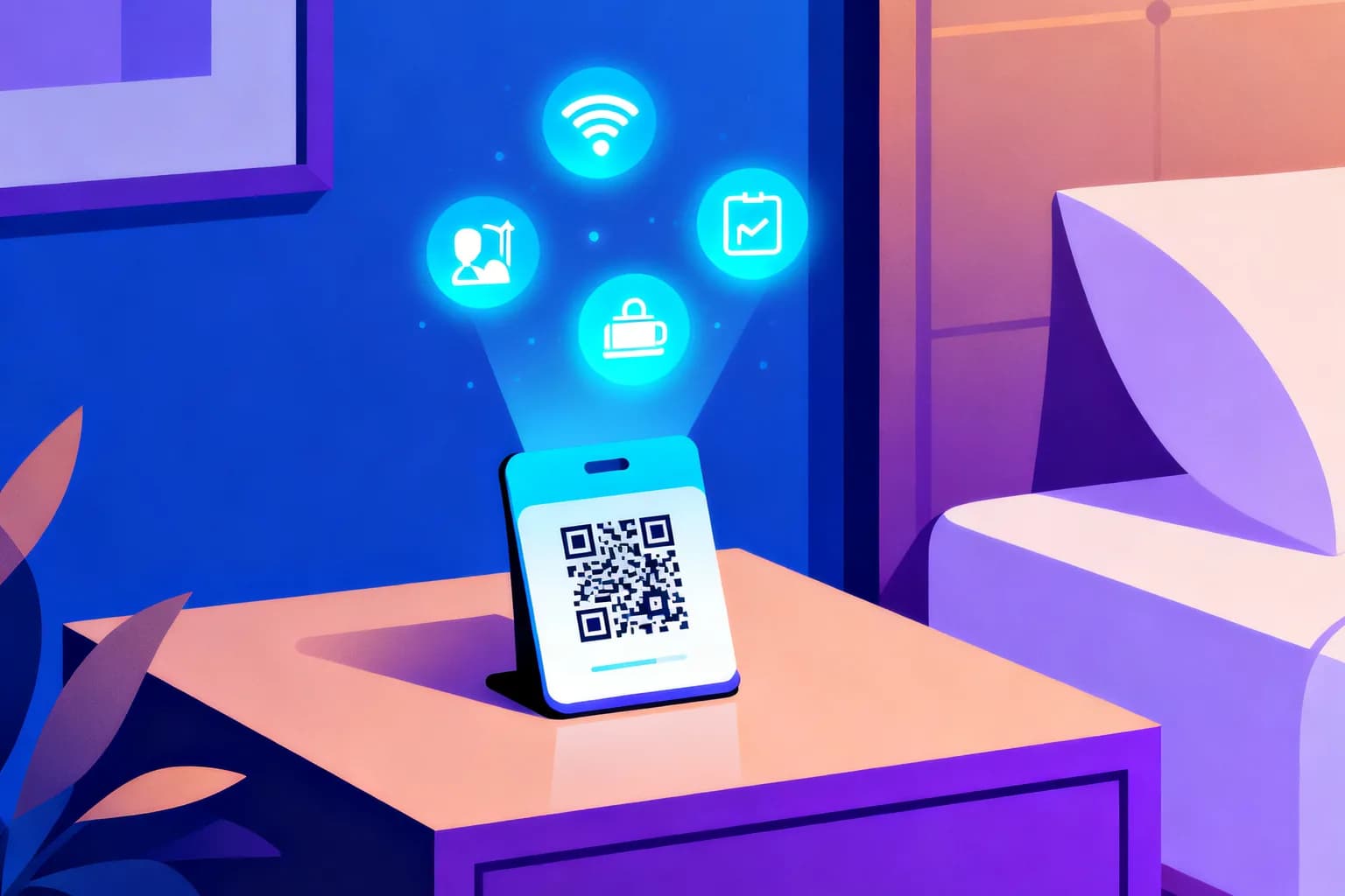 Nachttischkarte im Hotel mit QR-Code und schwebenden Symbolen für WLAN, Room Service, Check-in und Feedback