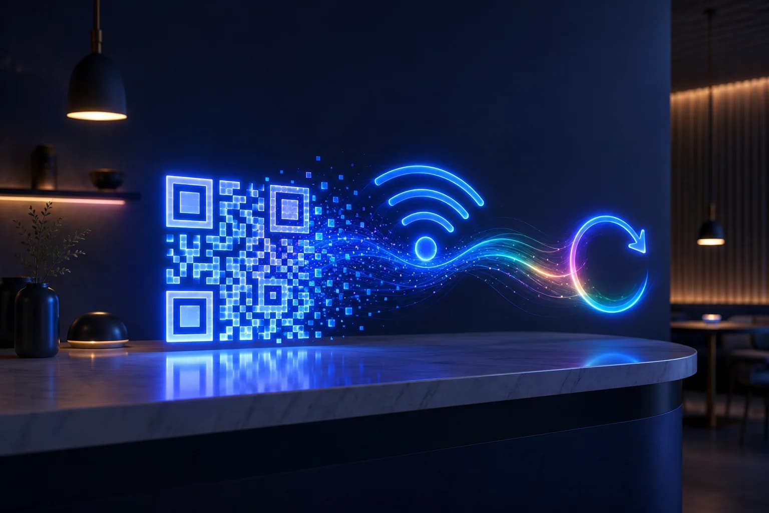 Conceptual illustration of a dynamic QR code dissolving into rainbow data streams and analytics bars