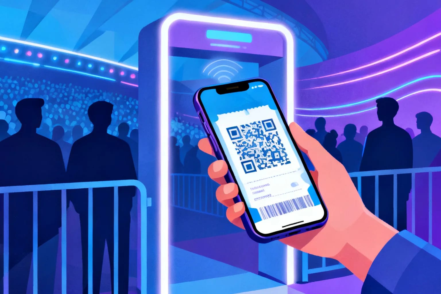 Smartphone mit Ticket-QR-Code wird an einem beleuchteten Eventeingang gescannt