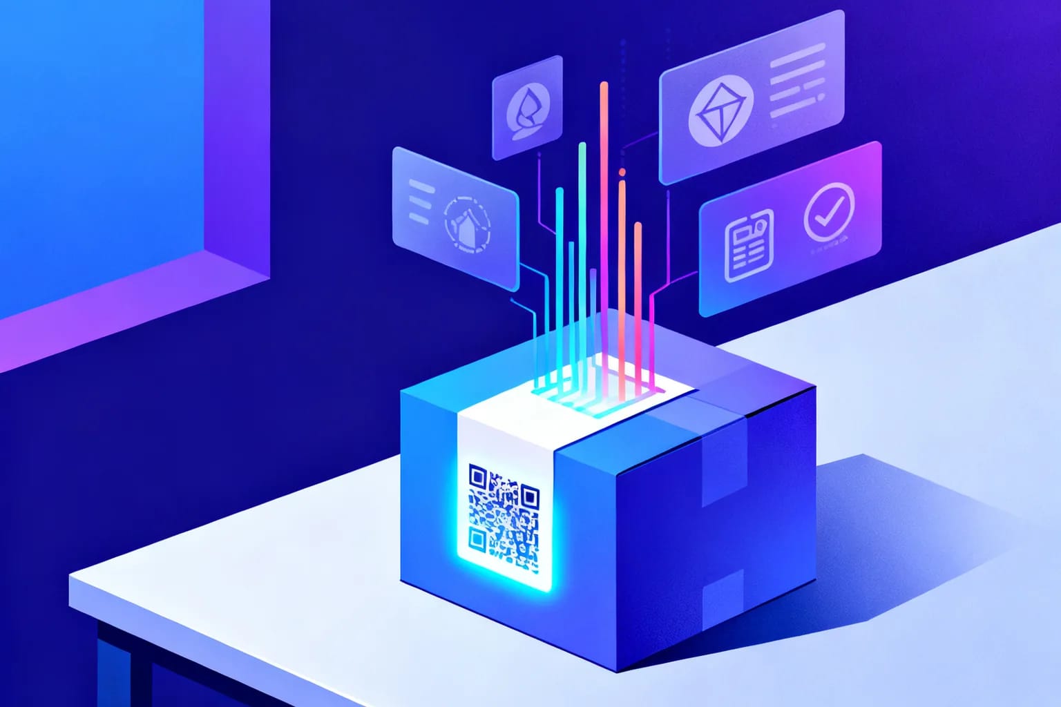 Isometrische Illustration einer Produktverpackung mit leuchtendem QR-Code auf dem Etikett, aus dem farbige Datenströme zu schwebenden Infofeldern für Herkunft, Echtheit und Nachbestellung aufsteigen