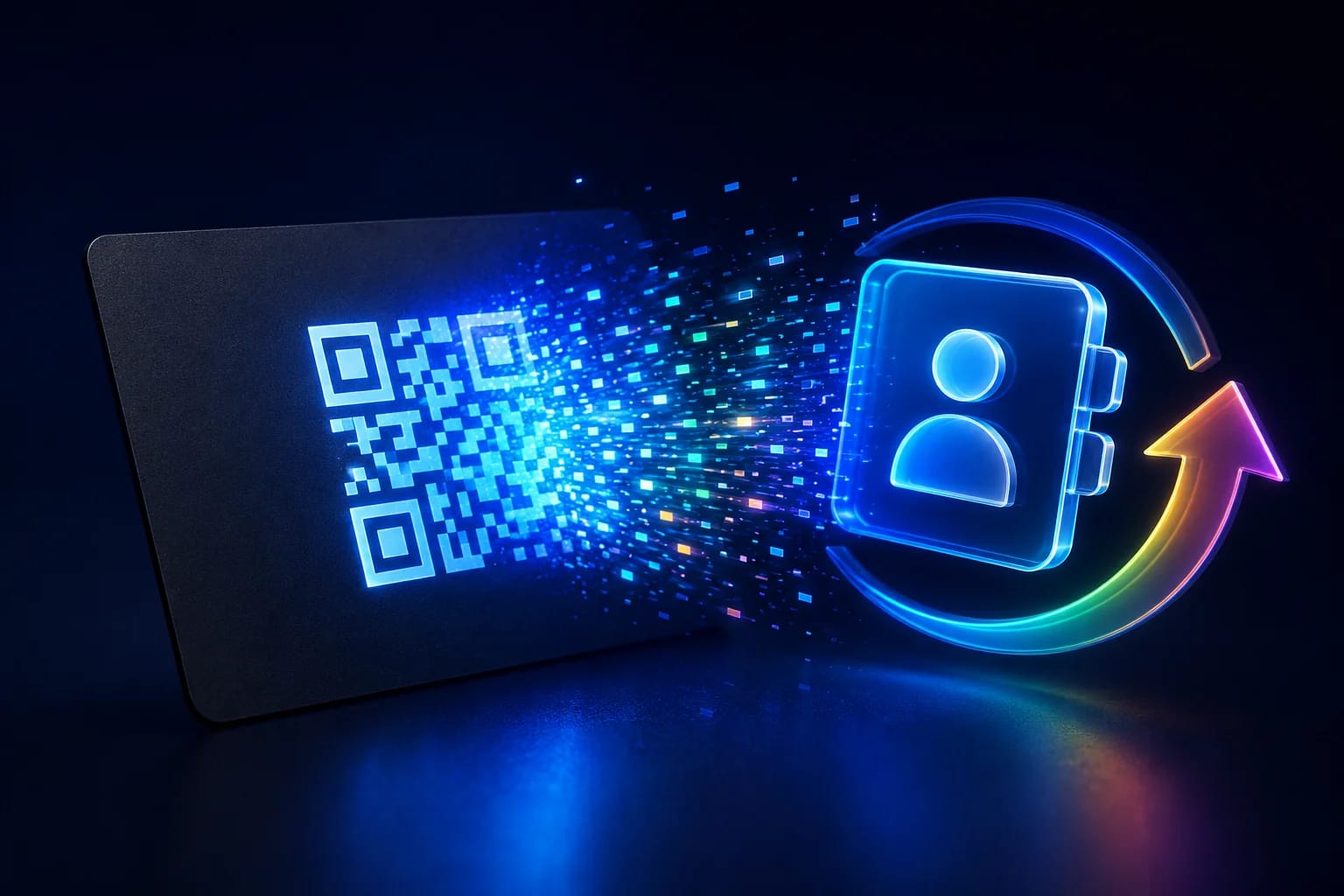 Conceptual illustration of a dynamic QR code dissolving into rainbow data streams and analytics bars