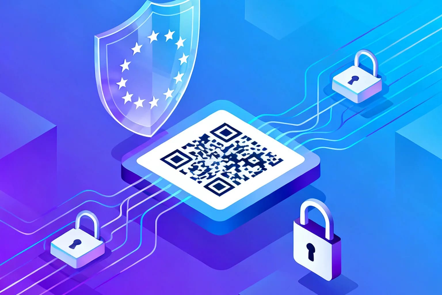 Illustration eines QR-Codes in einem transparenten Schild mit Europasternen und Datenschutz-Schlosssymbolen