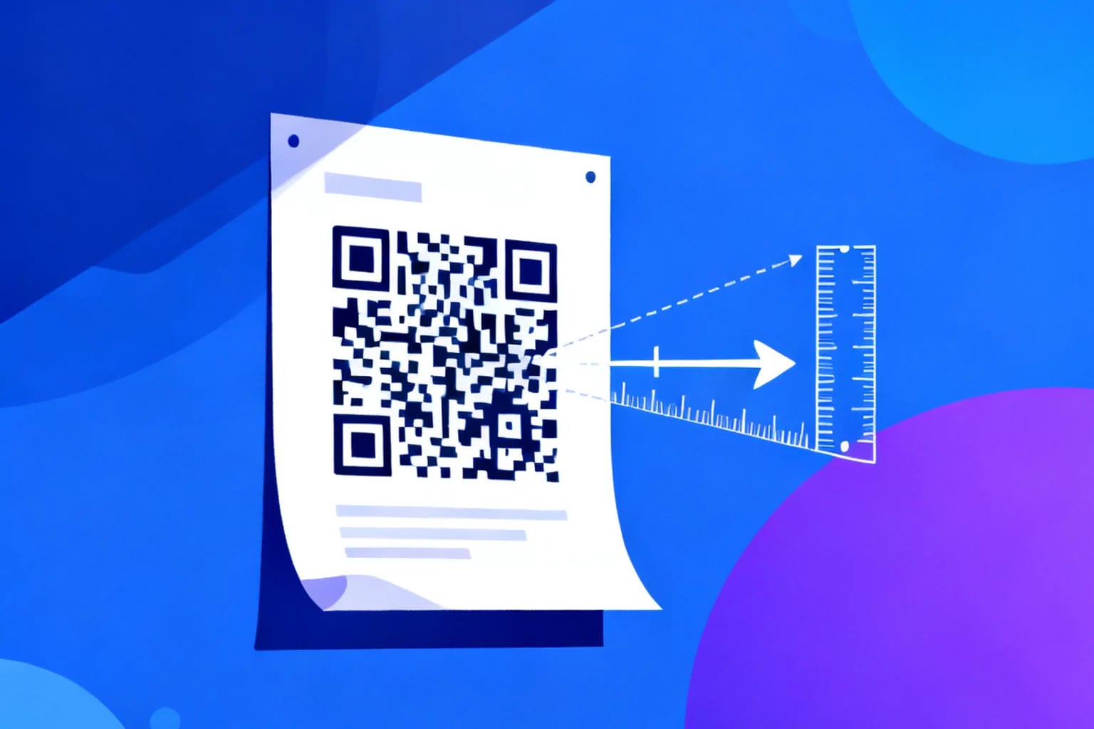 Printed QR code on a poster with a measuring ruler and distance arrows illustrating the 10:1 scanning rule