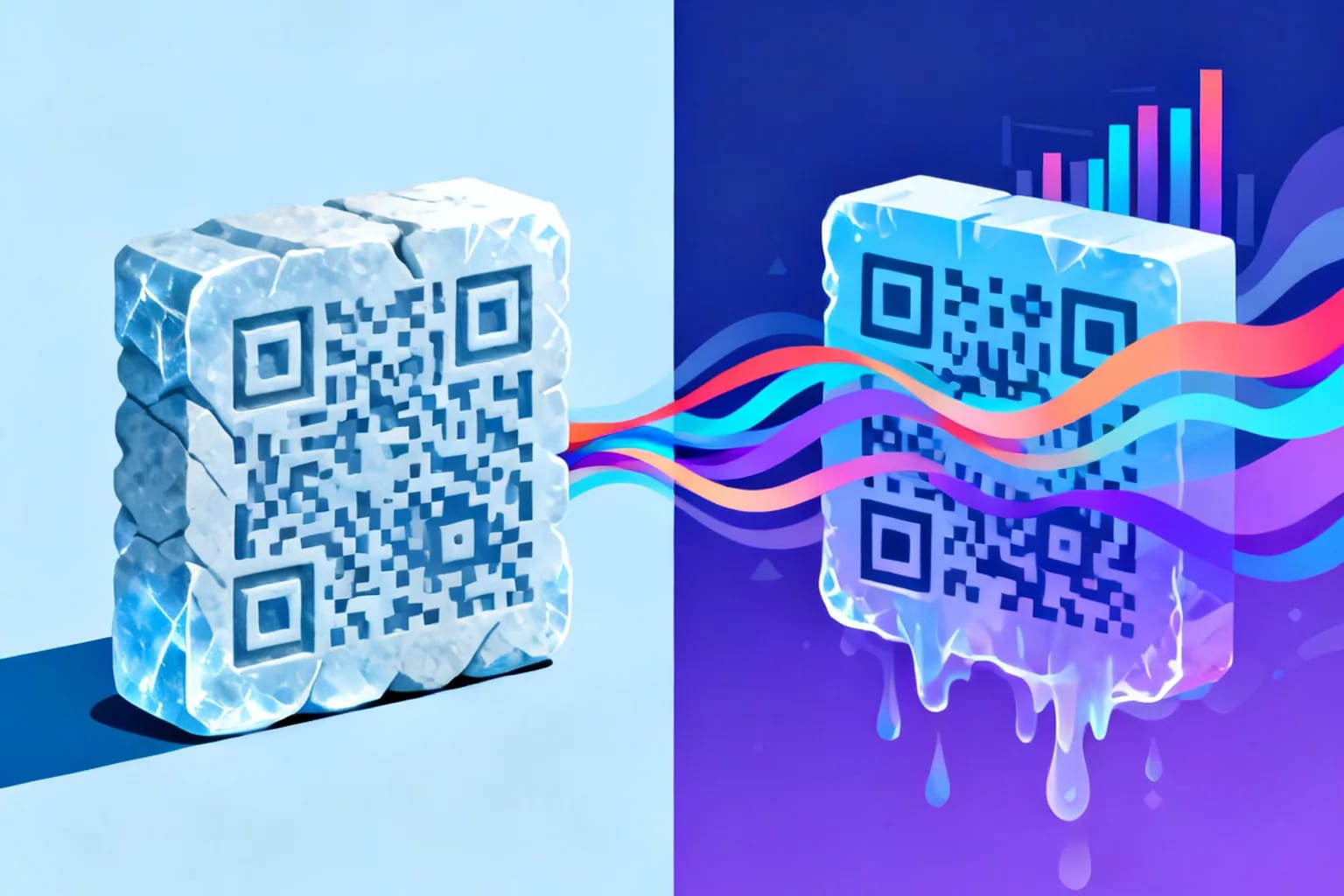 Illustration comparing a static QR code carved in stone with a dynamic QR code dissolving into flowing data ribbons and analytics bars